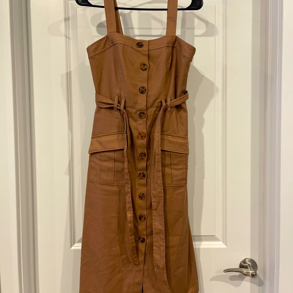 Melloday Midi Brown Dress. Button down with Pockets and Belted Waist.